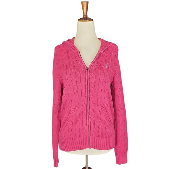 Y2k Ralph Lauren Sport Slim Fit Pink Cable-Knit Zip-Up Sweater - Large - Picture 1 of 6